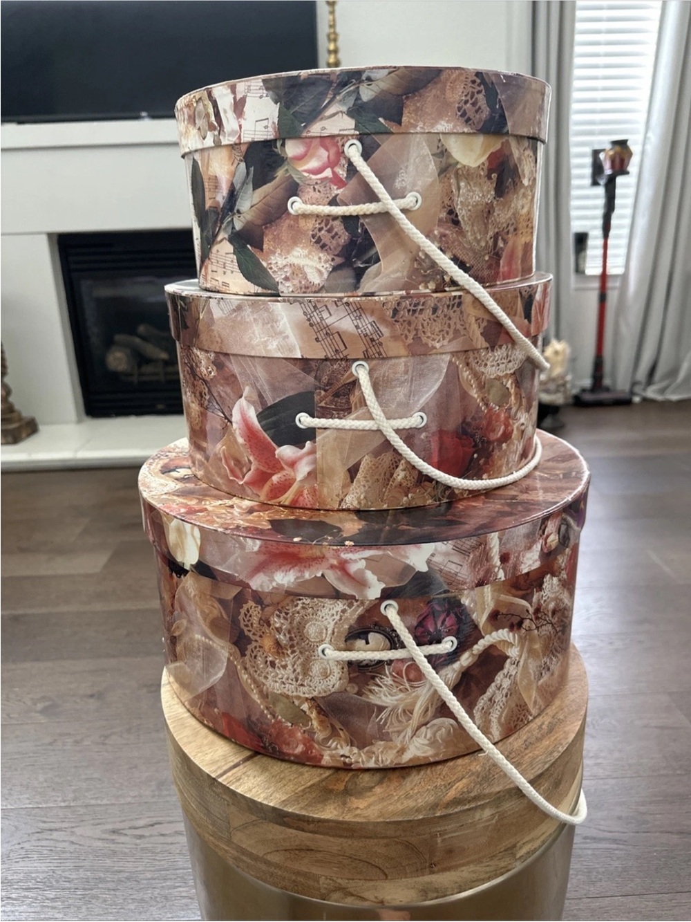 Vintage 90’s Decorative Stacked Hat Boxes in Floral Lace Print